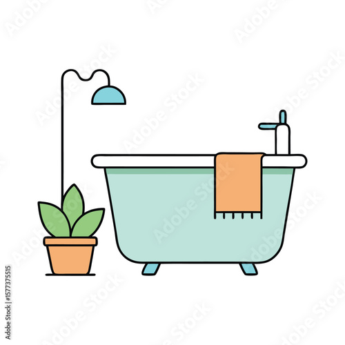 Vector art of a modern bathtub with a plant isolated on white background