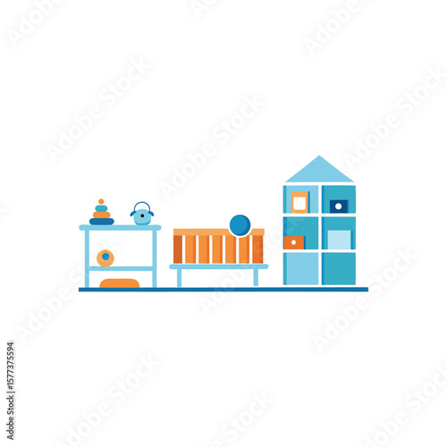 Vector art of a colorful nursery room with a crib and toys isolated on white background