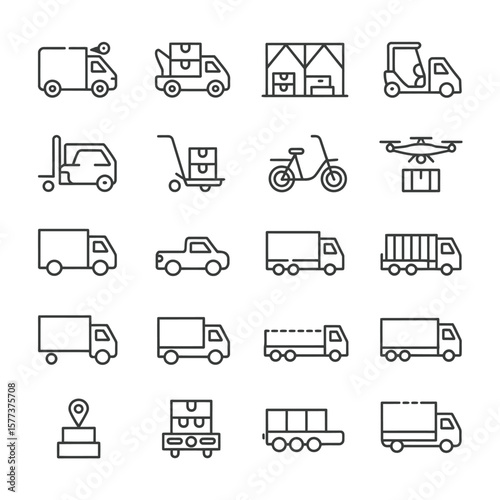 Collection of Twenty Black Outline Icons Depicting Various Transportation and Logistics Methods Including Trucks Delivery Vans Forklifts Handcarts Bicycles Drones and Warehouses
