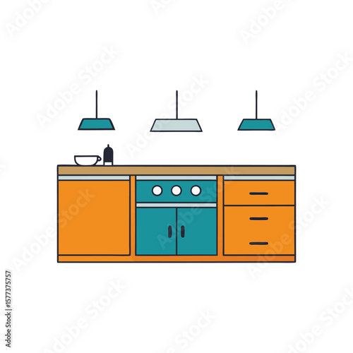 Vector art of a modern kitchen counter with cabinets isolated on white background
