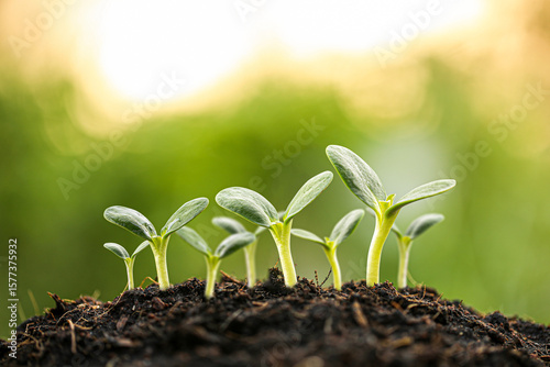 Fresh green sprouts emerging from rich soil under warm sunlight, symbolizing growth, nature, and new beginnings.