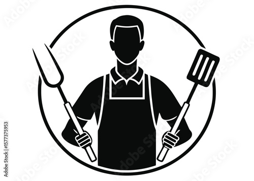 Simple Black and White Grill Master Icon Silhouette Isolated on White Background