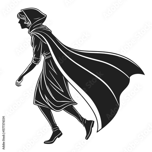 Dramatic Silhouette: Woman in Cape - Elegant Black and White Illustration