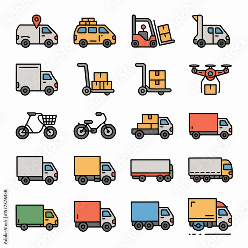 Colorful Collection of Delivery Transportation Icons Featuring Trucks Vans Bikes Forklifts Handcarts and Drones Depicting Various Logistics and Delivery Methods