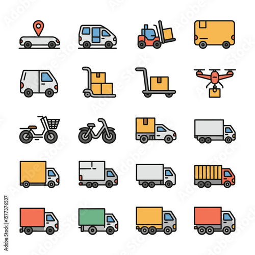 Colorful Collection of Delivery Vehicle Icons Including Trucks Vans Bikes Forklifts and Drones for Transportation and Logistics Concepts