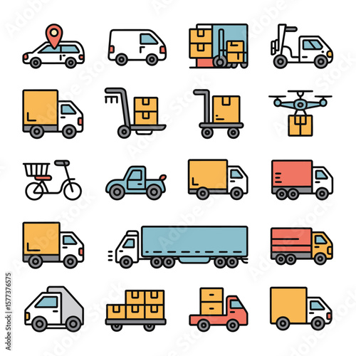 Colorful Collection of Delivery Vehicle Icons Including Trucks Vans Cars Bikes and Drones Transporting Packages Boxes and Cargo