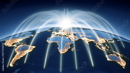 Vibrant light streams illustrate the interconnectedness of our digital world across the illuminated globe.