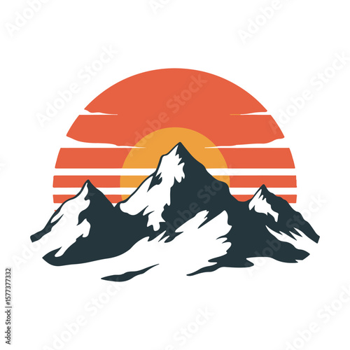 Stylized mountain range silhouette against a retro sunset with orange and yellow hues