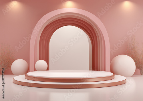 Abstract minimal pink background with podium and central arch, featuring geometric shapes for product display. 3D rendering mockup template for cosmetics with soft shadows and gentle lighting