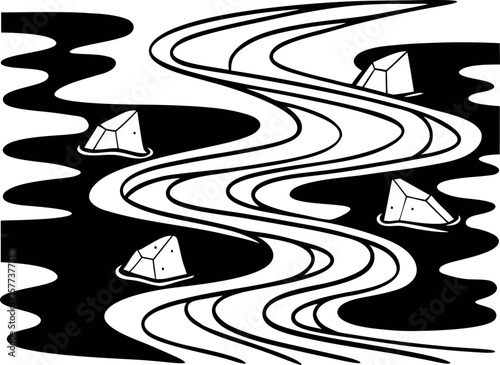 Abstract River and Icebergs Illustration – Black and White Wavy Water Art