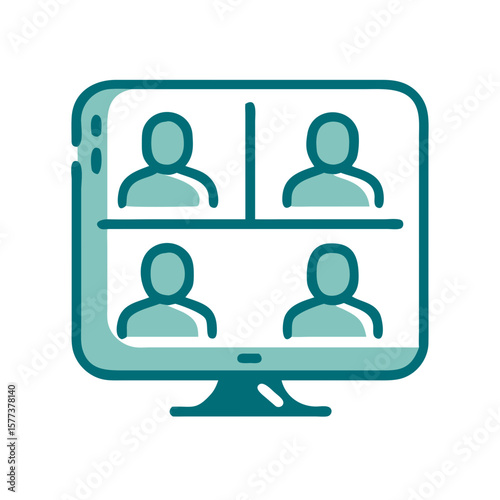 A teal-colored graphic of a computer monitor displaying four video conference participants.