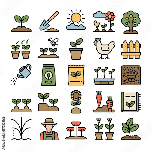 Colorful Gardening Icons Collection Featuring Seedlings Plants Flowers Vegetables Tools Fertilizer Seeds Chicken Farmer Sprinkler Sun and More