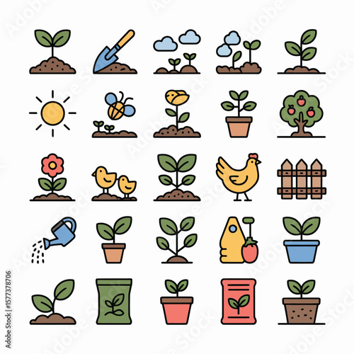 Colorful Gardening Icons Set Featuring Plants Seeds Flowers Chickens Watering Can Trowel Sun Bee Potted Plants Soil and Wooden Fence