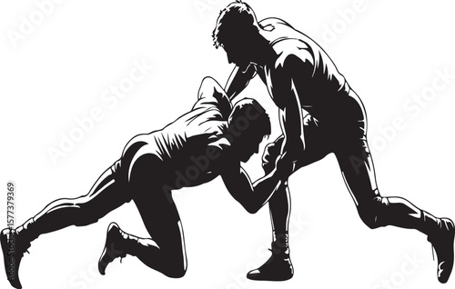 Silhouetted wrestlers engaged in a dynamic grappling hold during a competitive athletic bout