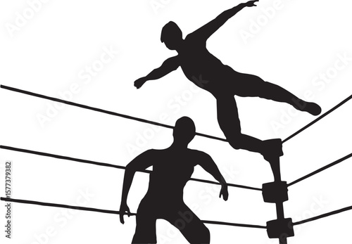 Wrestling action silhouettes dynamic display of athletic combat in a classic ring