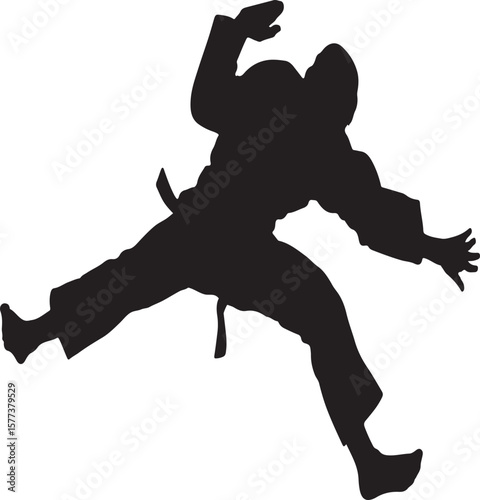 Silhouette of a martial artist performing a dynamic jump in a judo or karate uniform.