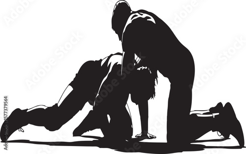 Silhouette of two people wrestling on the ground in a dynamic fighting pose