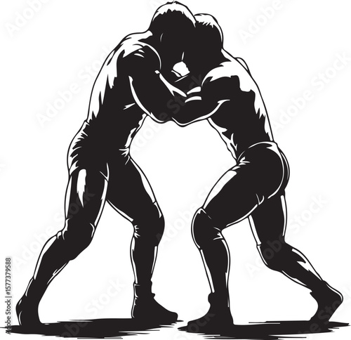 Silhouette of two wrestlers engaged in a grappling match ready to fight for victory