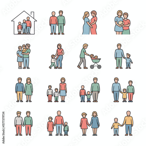 Colorful Line Art Icons Set Depicting Diverse Family Units Including Parents Children Siblings Gay Lesbian Couples Stroller Home Symbol