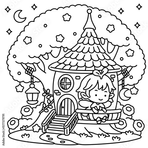 A little girl and a tree house in a fantasy world, easy coloring for kids, vector, illustration, coloring book, coloring page, cozy, cute, bold, comfy