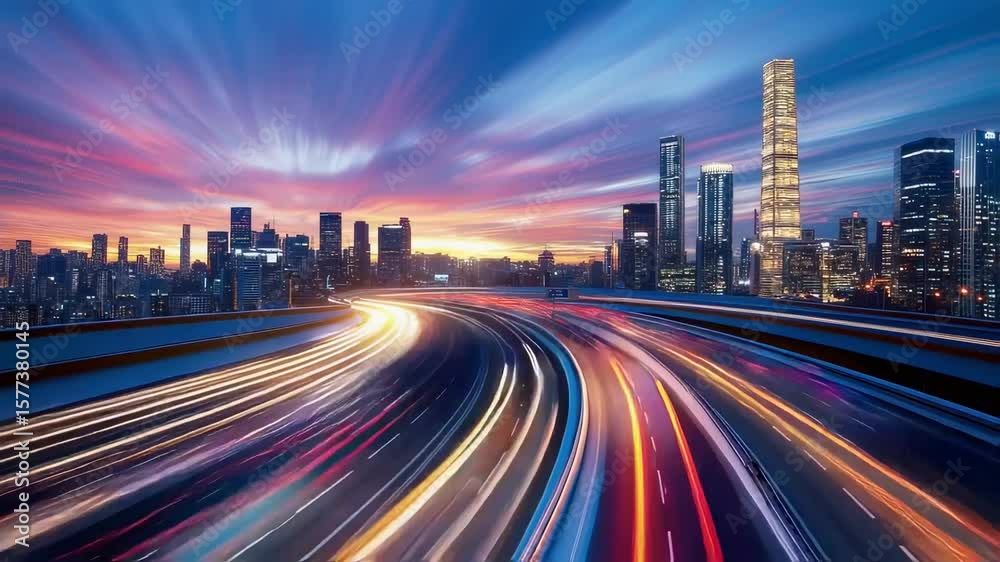Curved highway with colorful light trails showing dynamic movement through urban landscape at sunset with skyscrapers in background. Long exposure technique capturing traffic motion.