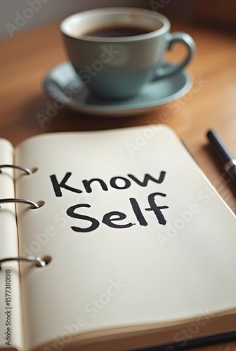 A calming image showcasing a notebook with the words Know Self written in elegant black script, accompanied by a softly focused cup of coffee, promoting selfdiscovery, vertical composition.