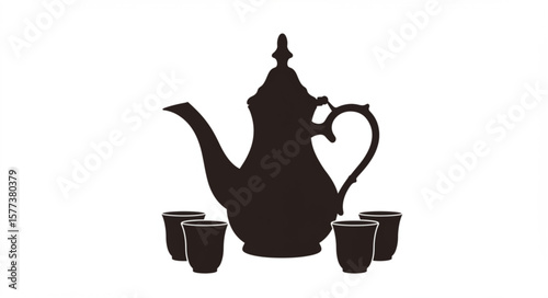 Silhouette of a traditional teapot with a curved spout and four small cups arranged around it neatly