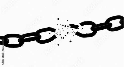 A black chain is broken in the middle with pieces flying around on a white plain background view