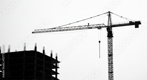 Silhouette of a construction crane against a bright sky next to a building under construction site