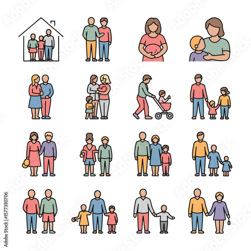 Colorful Line Icons Set Diverse Family Groups Illustrations Parents Children Various Family Structures Single Parents Same Sex Couples Expectant Mothers Baby
