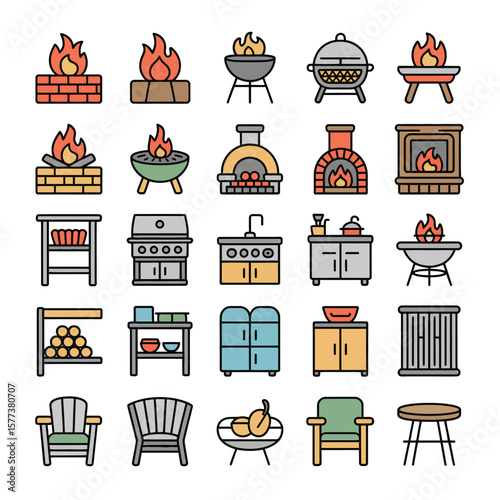 Colorful Line Icons Collection Outdoor Kitchen Patio Furniture Grills Fireplaces Seating Various Styles Colors