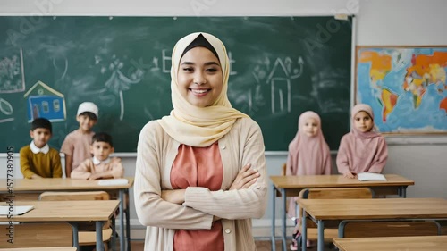 A Muslim schoolgirl in hijab raises her hand confidently in class while her teacher smiles and encourages her – animated classroom scene of Islamic education and cultural empowerment