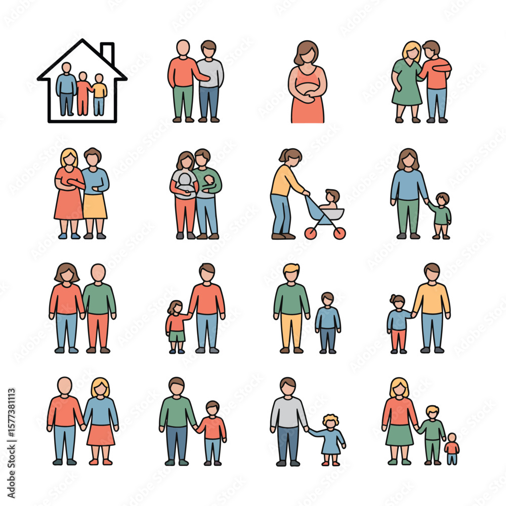 Naklejka premium Diverse Family Icons Set Colorful Line Art Illustrations Showing Various Family Structures Parents Children Baby Stroller Home Symbol