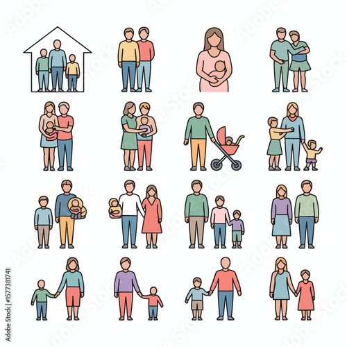 Pastel Colored Line Art Icons Set Illustrating Diverse Family Structures Parents Children Babies Stroller Siblings Home Symbol