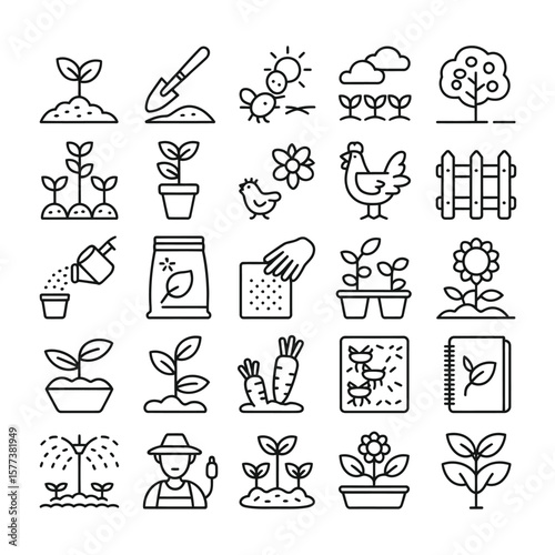 Thirty Black and White Line Art Gardening Icons Featuring Plants Seeds Tools a Farmer Chicken and Fence
