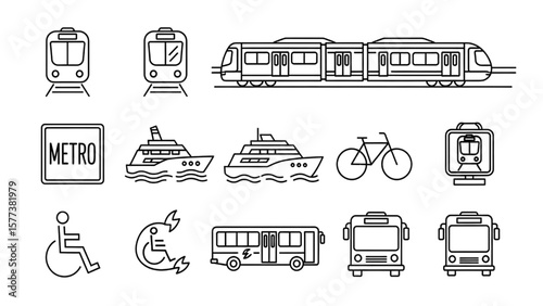 Public Transport Line Icon Set – Metro, Tram, Monorail, Ferry, Bike, Wheelchair, Electric Bus Vector Illustration

