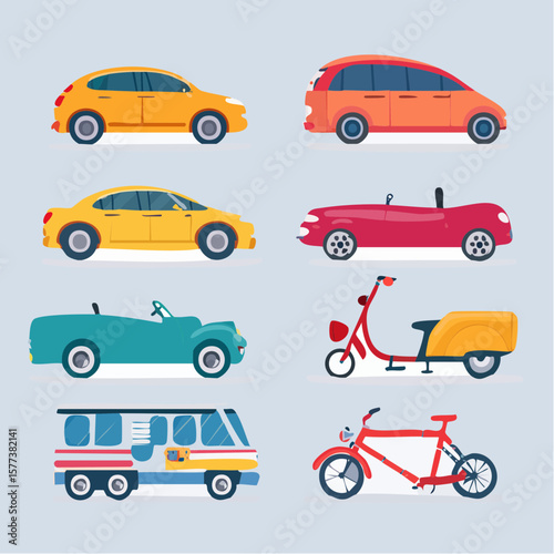 Colorful illustration showcasing various types of vehicles, including cars, scooters, and a bus.