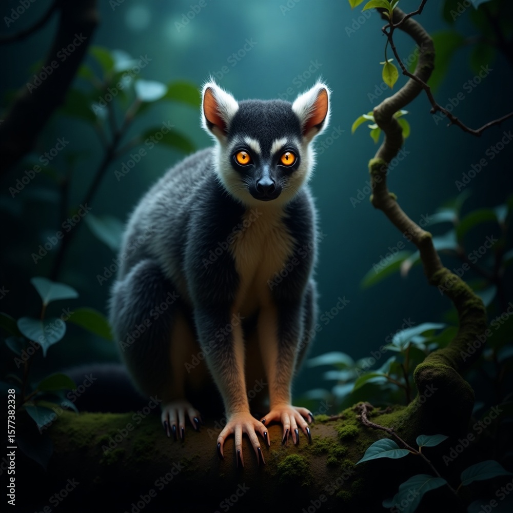 Fototapeta premium A majestic aye-aye lemur clings silently to rainforest branch.