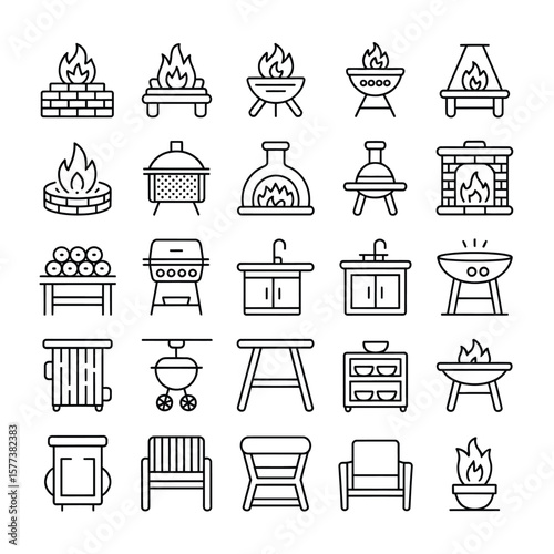 Thirty Black Line Art Icons Depicting Fireplaces Grills and Outdoor Furniture Including Brick Fireplaces Wood Burning Stoves Gas Grills Charcoal Grills and Outdoor Seating