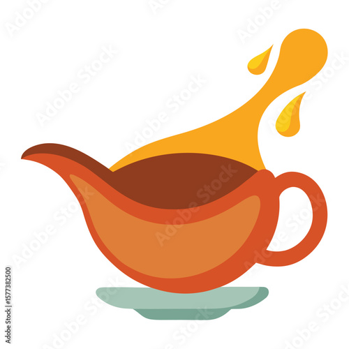Artistic illustration of a classic gravy boat elegantly pouring a rich warm brown sauce into a dish perfect for culinary themes