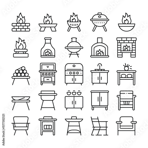 Thirty Black Line Art Icons Illustrating Diverse Fireplaces Grills and Outdoor Furniture Pieces Including Brick Fireplaces Campfires Charcoal Grills and Gas Grills