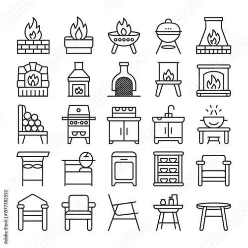 Thirty Black Line Art Icons Illustrating Indoor and Outdoor Furniture Fireplaces Grills and Kitchen Appliances Including Tables Chairs Fire Pits Stoves and Other Furnishings