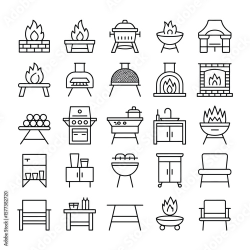 Thirty Black Line Art Icons Illustrating Outdoor Cooking and Seating Arrangements Featuring Grills Fire Pits Campfires Outdoor Kitchens Tables and Chairs