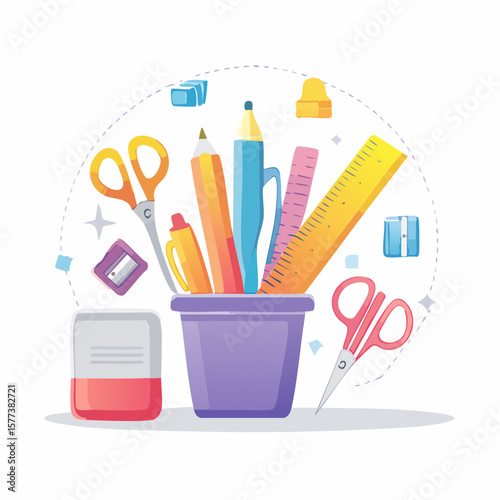 Colorful stationery items arranged in a purple container, surrounded by other supplies like scissors, pencils, and rulers.