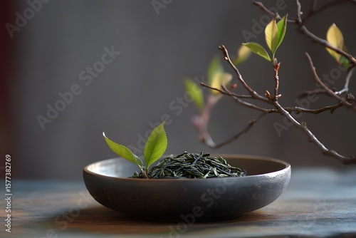 Fresh Green Tea Leaves in Rustic Bowl – Organic Herbal Tea Concept with Nature-Inspired Aesthetic, Perfect for Wellness and Calm