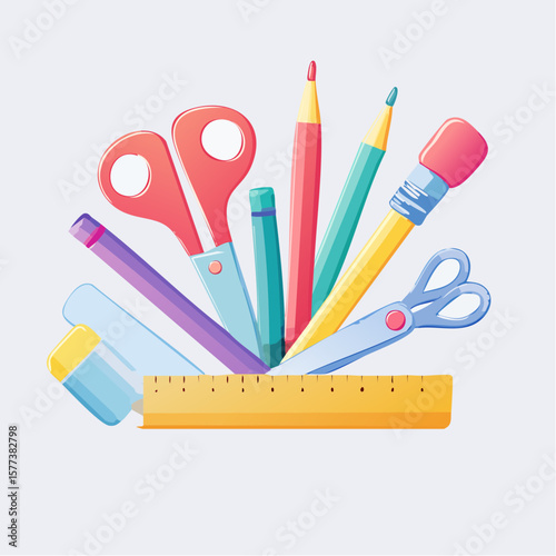 Colorful stationery items arranged around a ruler, showcasing various writing and art supplies.