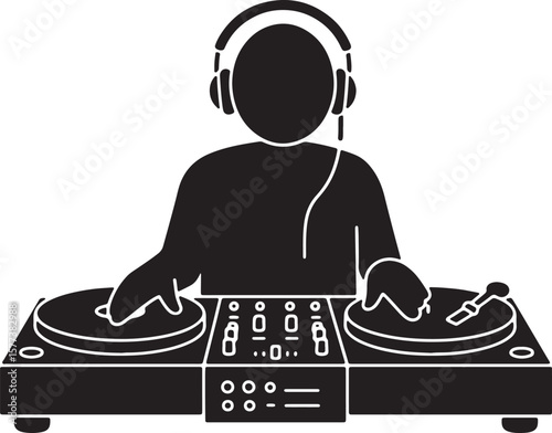 Silhouetted dj playing music at a concert or nightclub event with vinyl turntables