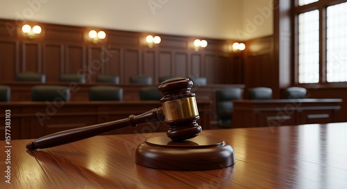 A wooden gavel rests on a table in a courtroom setting, ready for use.
