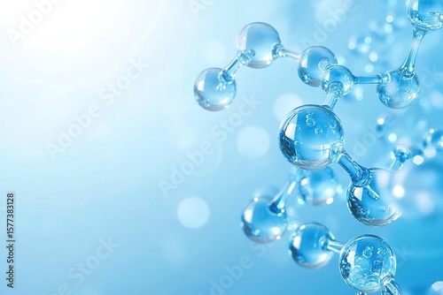 Water molecules, light blue background, simple composition, Close-up of the water molecule structure, suitable for advertising design elements. 