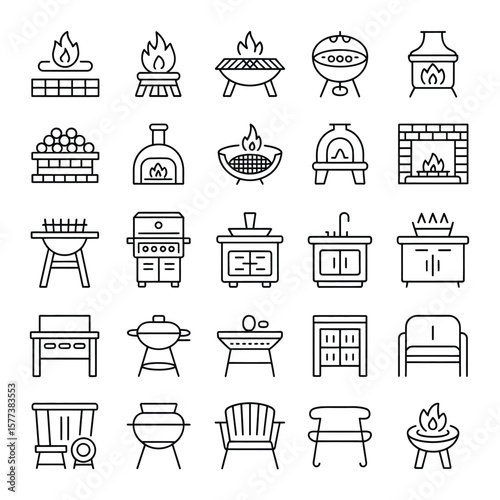 Thirty Black Outline Icons Illustrating Outdoor Cooking Equipment and Seating Arrangements Including Grills Fire Pits Outdoor Kitchen Cabinets and A Variety of Chairs